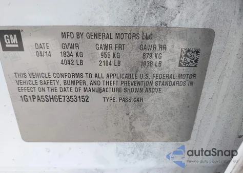 2014 Chevrolet Cruze Ls Auto z USA, uszkodzony, nr VIN 1G1PA5SH6E7353152